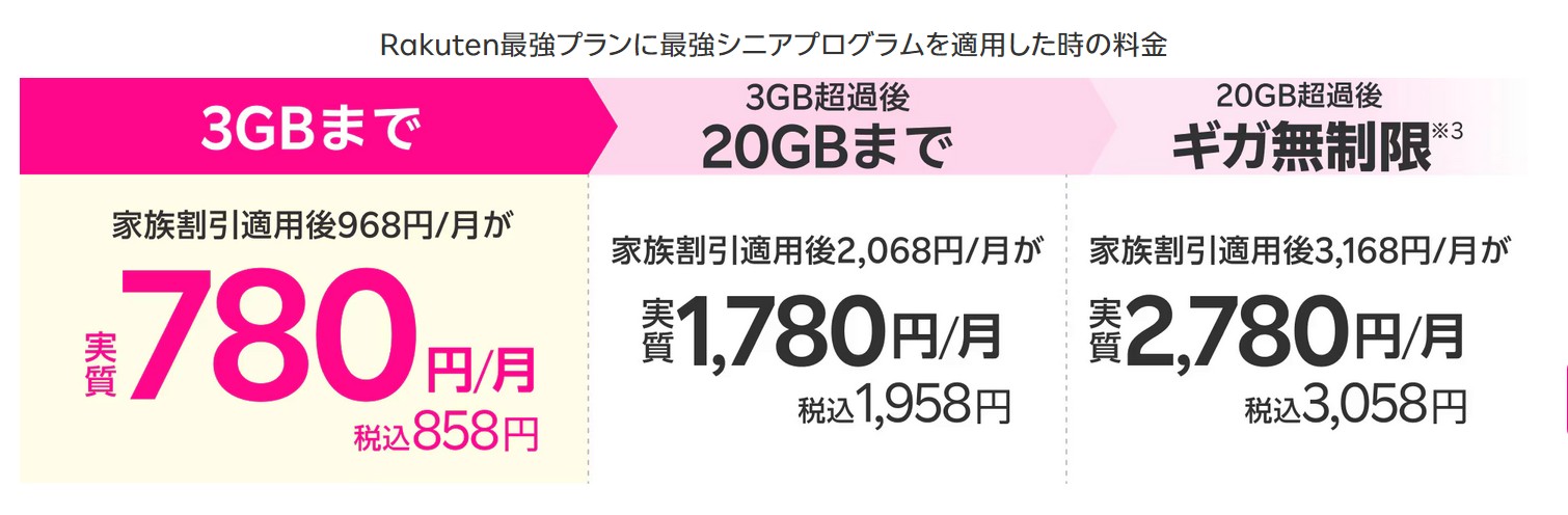 サービスが1種類　シニア（65歳以上）は最大料金が20G以上で最大割引で3058円