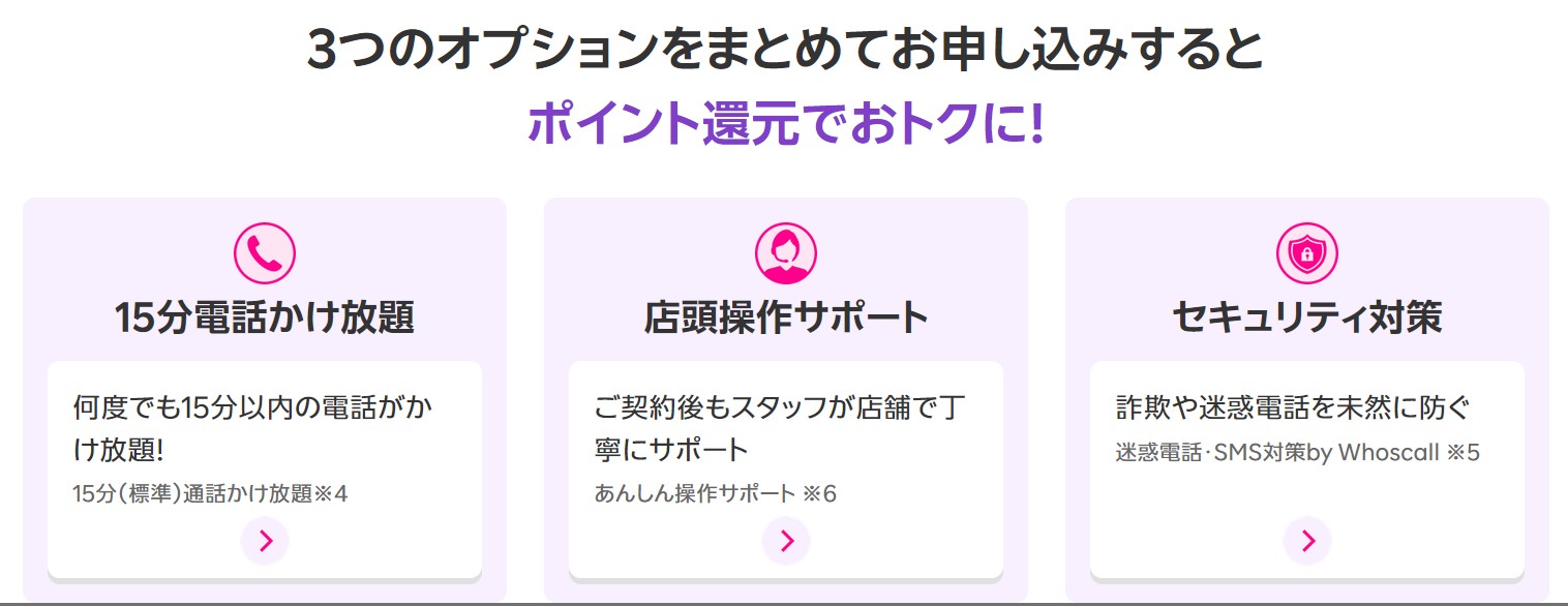 シニア割オプションパック（15分電話・サポート・詐欺対策・保険）