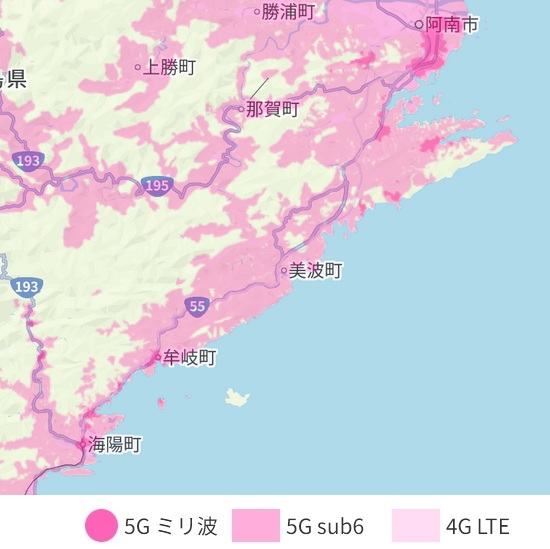 徳島県南部エリアの楽天モバイル4Gと5Gの電波