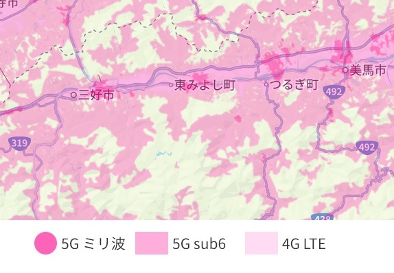 徳島県西部エリアの楽天モバイル4Gと5Gの電波