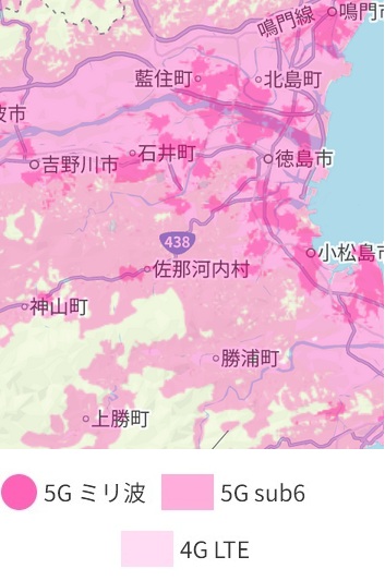 徳島県東部エリアの楽天モバイル4Gと5Gの電波