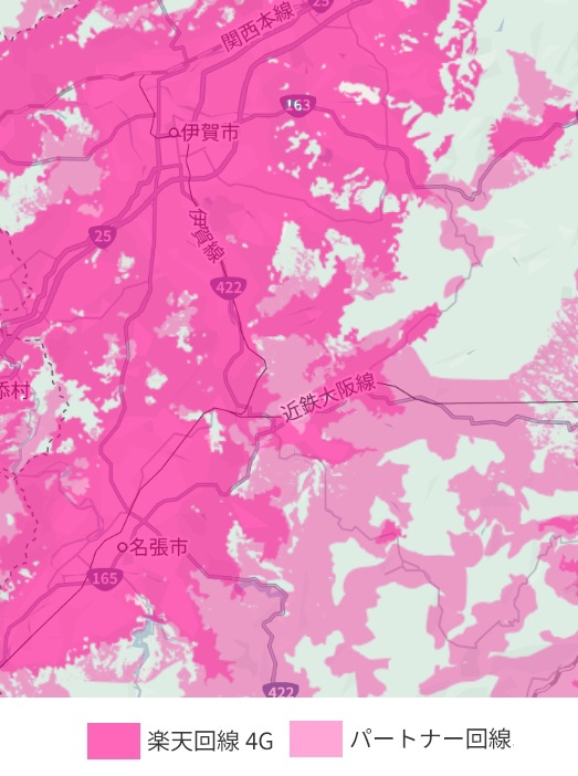 三重県県・伊賀エリア 楽天モバイル４G電波の状況