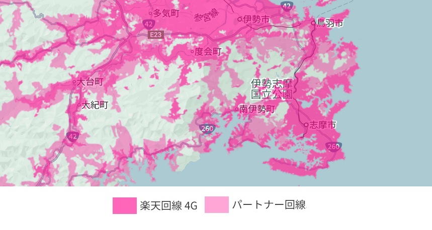 三重県県・伊勢志摩エリア　楽天モバイル４G電波の状況